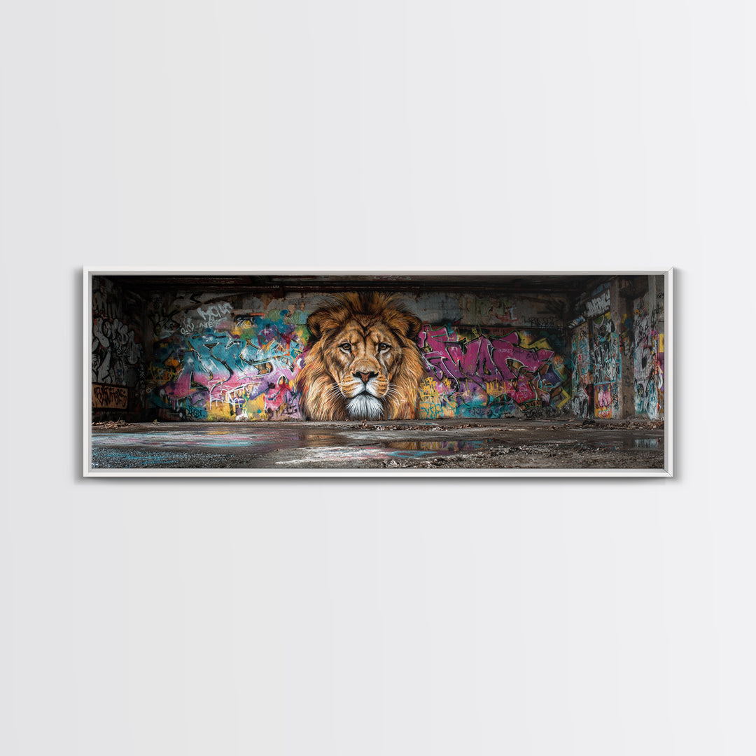 Vibrant Urban Graffiti Lion Mural Canvas Print Capturing Street Art Vibes With Striking Realism And Colorful Background Perfect Large Wall Art Decor