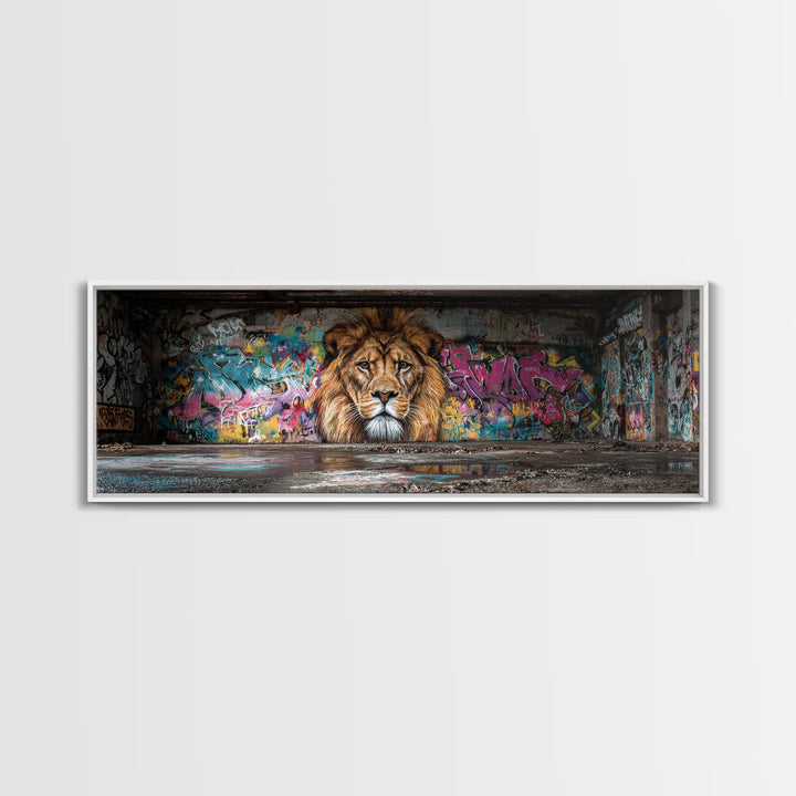 Vibrant Urban Graffiti Lion Mural Canvas Print Capturing Street Art Vibes With Striking Realism And Colorful Background Perfect Large Wall Art Decor