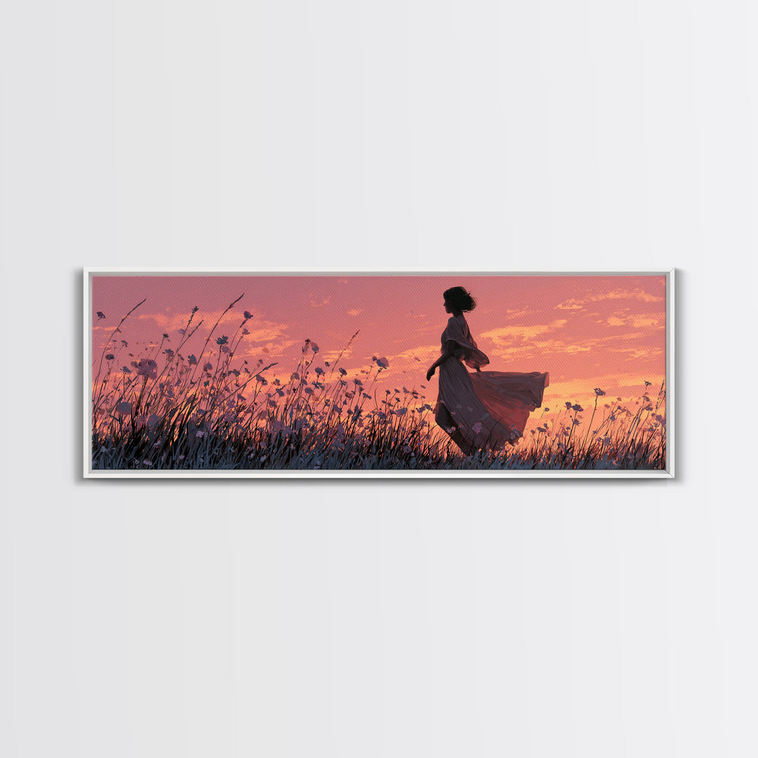 Woman Silhouette In Sunset Wildflower Meadow Canvas Print, Romantic Landscape Wall Art, Boho Bedroom Decor, Gift For Her