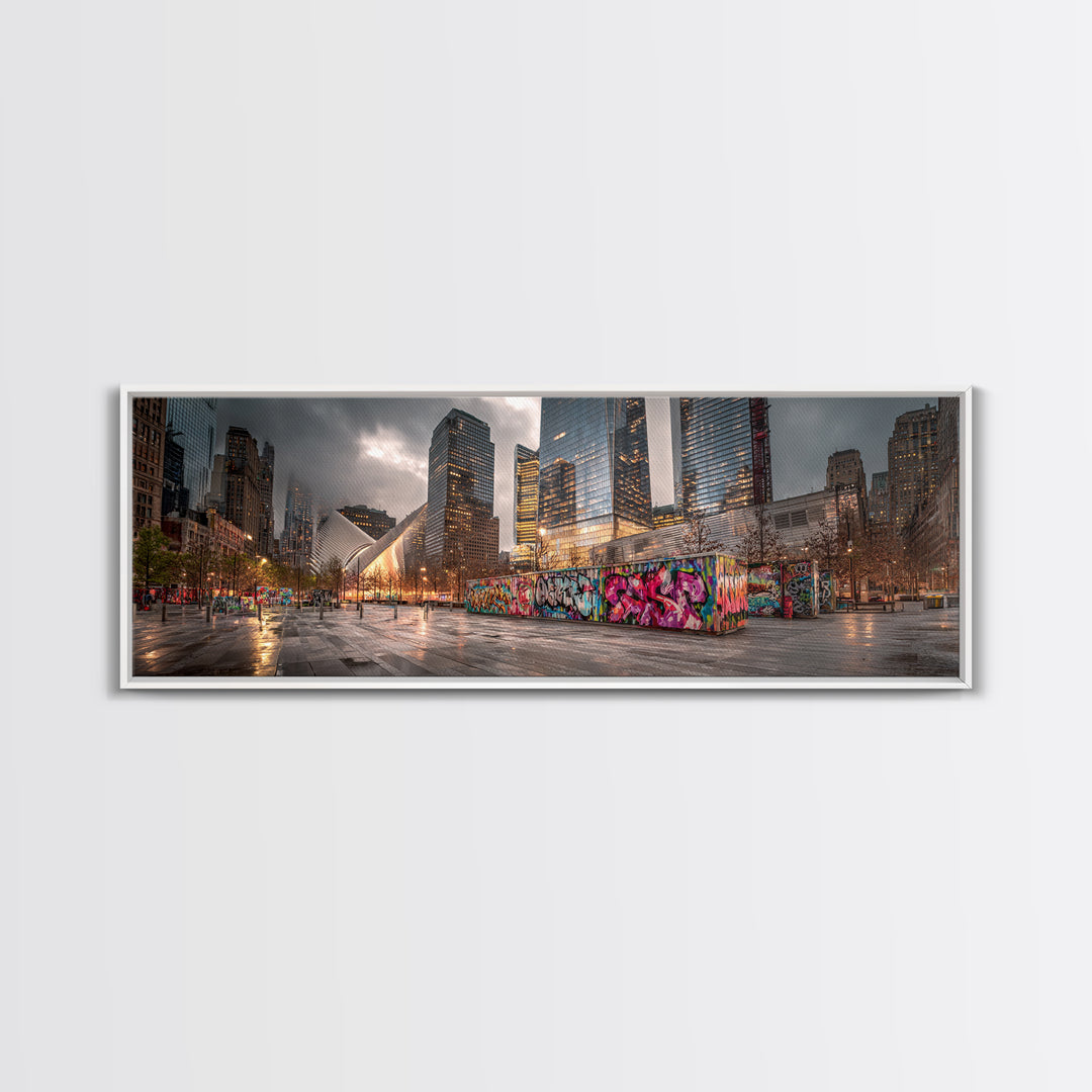 Vibrant Urban Landscape With Graffiti Walls And Reflective Wet Pavement - Modern Wall Art Canvas Print For Loft And City Apartment Decor