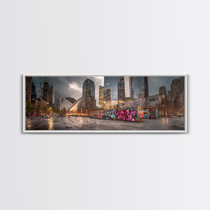Vibrant Urban Landscape With Graffiti Walls And Reflective Wet Pavement - Modern Wall Art Canvas Print For Loft And City Apartment Decor