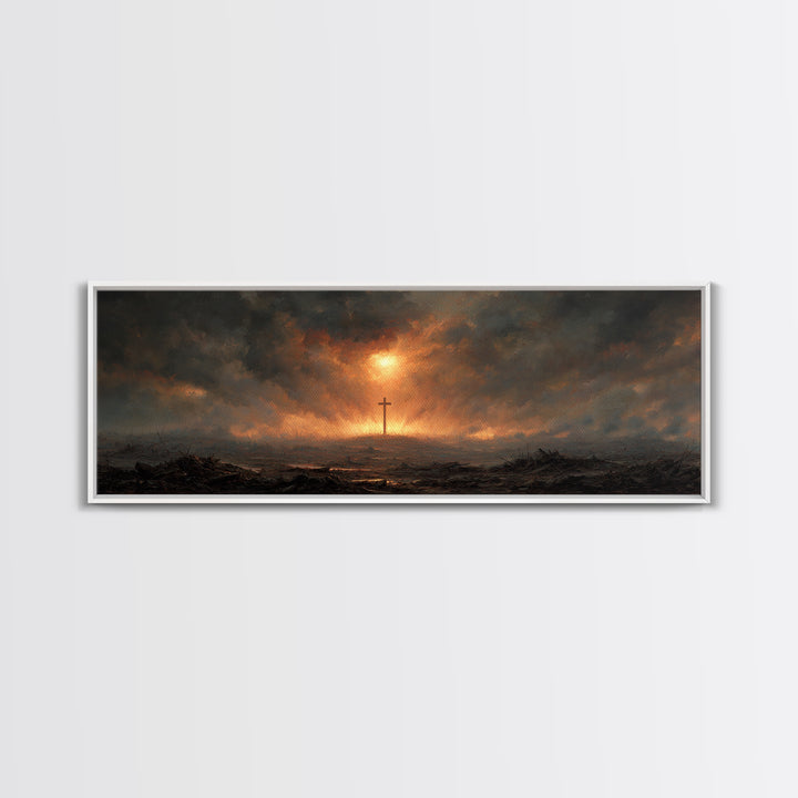 Dramatic Religious Cross Scene In Fiery Sunset Sky Oil Painting Canvas Print For Moody Wall Art And Christian Home Decor