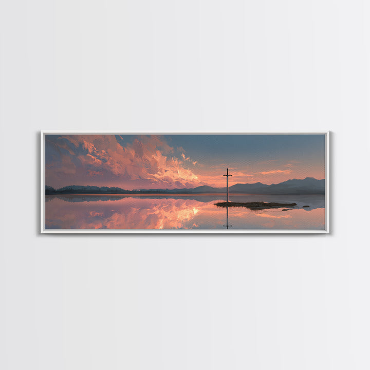 Peaceful Sword In Lake At Sunset Landscape Painting Wall Art Framed Canvas Print Tranquil Nature Scene For Bedroom Or Living Room Neutral Decor