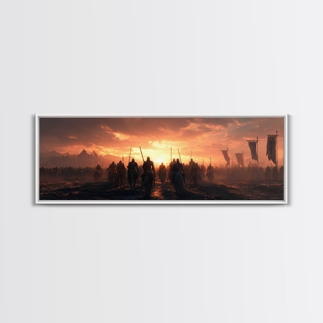 Epic Medieval Battle Scene At Sunset With Armored Knights And Banners Wall Art Framed Canvas Print For Home Decor