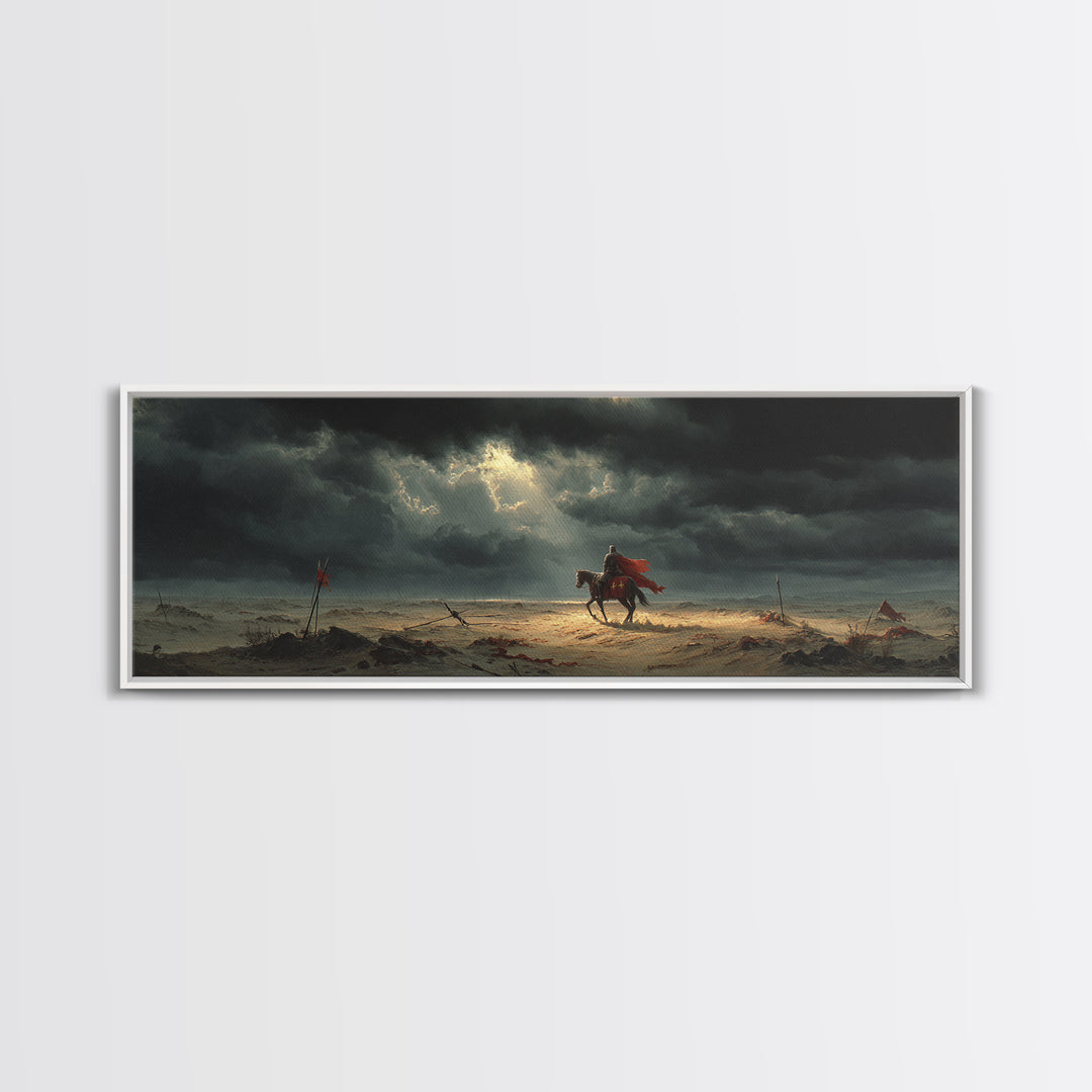 Medieval Knight On Horseback Under Moody Skies, Epic Historical Oil Painting Wall Art Print, Large Canvas Print For Dramatic Home Decor