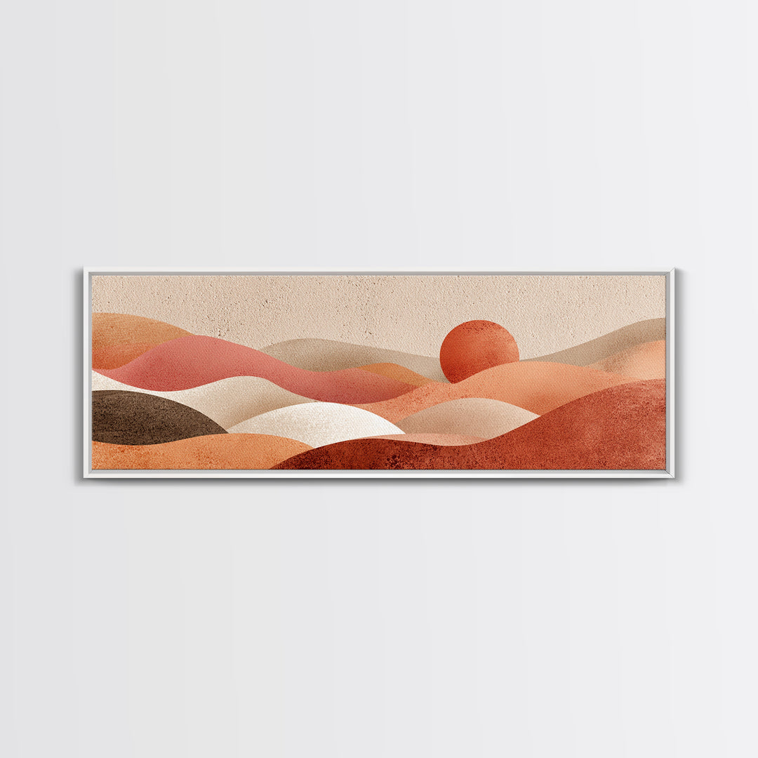 Soft Rolling Hills And Red Sun Wall Art, Abstract Landscape Canvas Print, Earth Tone Decor, Large Horizontal Living Room Art