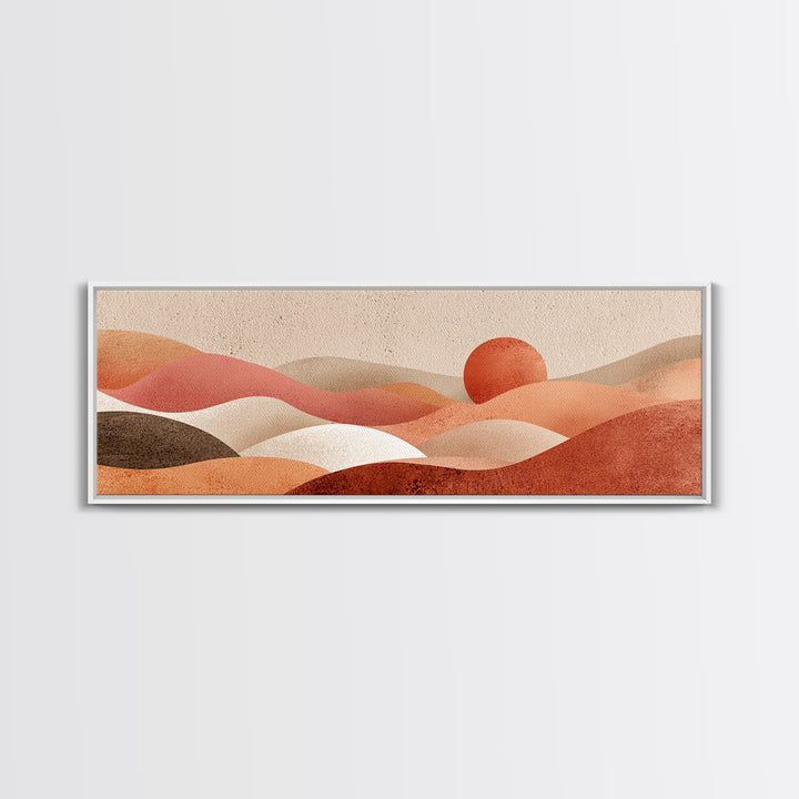 Soft Rolling Hills And Red Sun Wall Art, Abstract Landscape Canvas Print, Earth Tone Decor, Large Horizontal Living Room Art