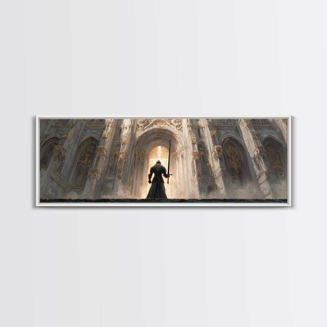 Epic Knight Standing Before Illuminated Cathedral Entrance Wall Art Framed Canvas Print For Dramatic Home Decor Gift