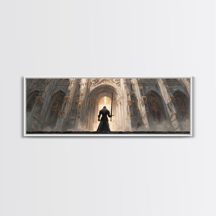 Epic Knight Standing Before Illuminated Cathedral Entrance Wall Art Framed Canvas Print For Dramatic Home Decor Gift