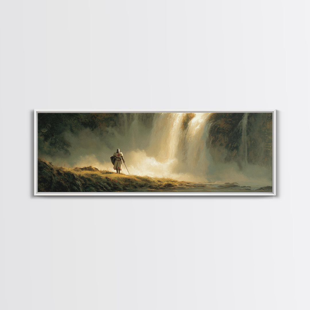 Medieval Knight Standing Near Waterfall Landscape Oil Painting Wall Art Canvas Print For Home Decor