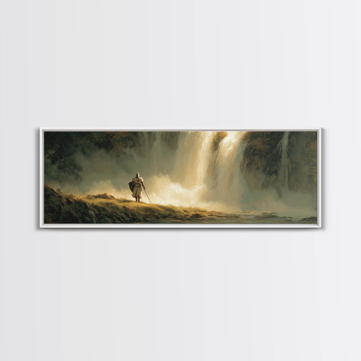 Medieval Knight Standing Near Waterfall Landscape Oil Painting Wall Art Canvas Print For Home Decor