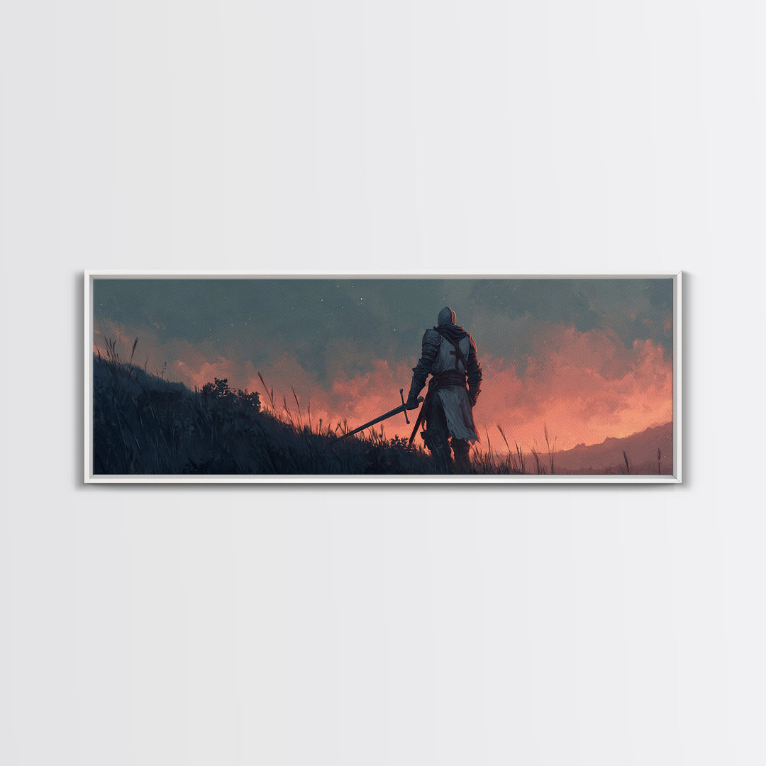 Brave Medieval Knight Staring At Fiery Sunset Holding Sword Canvas Print