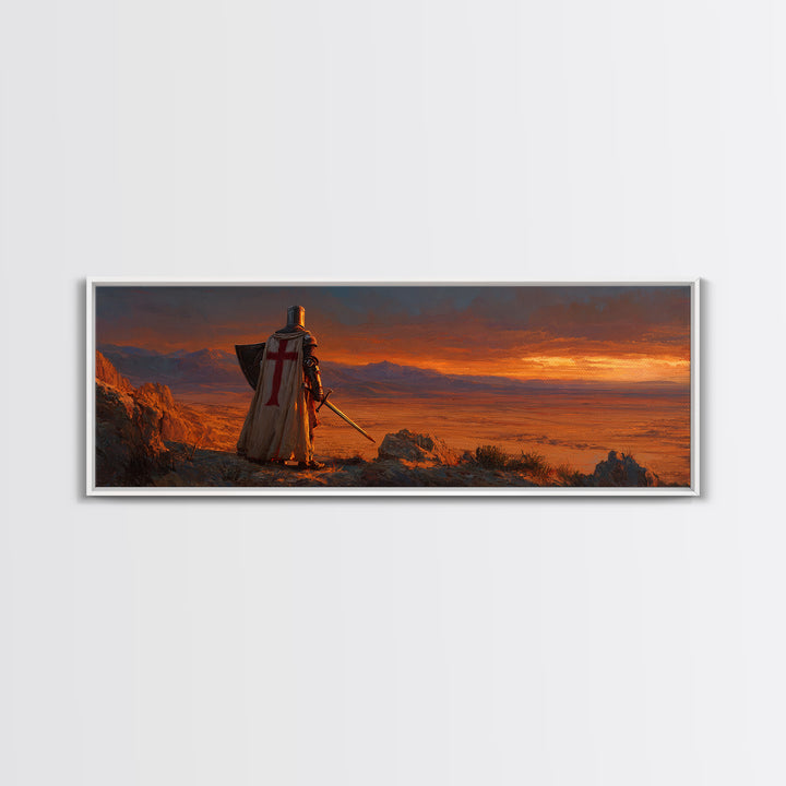 Medieval Knight Standing on Cliff Overlooking Sunset Dramatic Figurative Wall Art Oil Painting Canvas Print for Rustic Home Decor