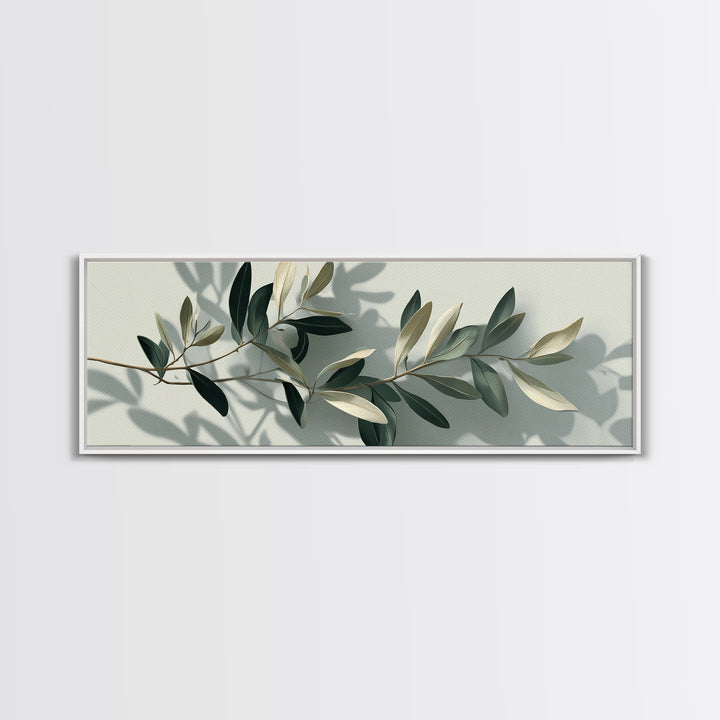 Olive Branch With Soft Shadows Wall Art, Minimalist Botanical Art Print, Sage Green Wall Decor, Modern Japandi Canvas Print