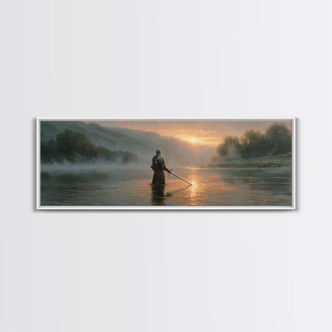 Knight Standing In Misty River At Sunrise With Sword Large Wall Art For Medieval Art Lovers