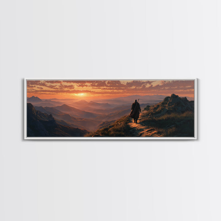 Medieval Knight Walking On Mountain Path At Sunset Dramatic Landscape Wall Art Framed Canvas Print For Fantasy Room Decor And Gifts