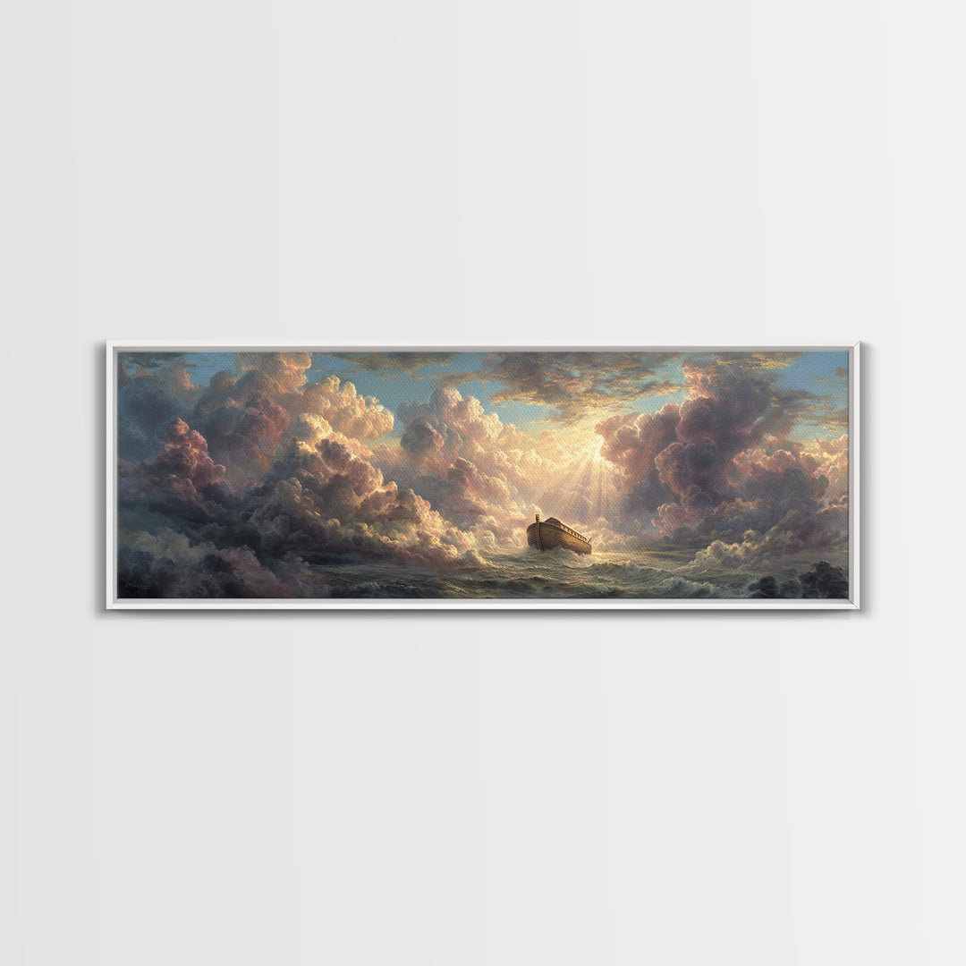 Epic Noah's Ark Floating On Stormy Sea With Divine Light Breaking Through Clouds Canvas Print