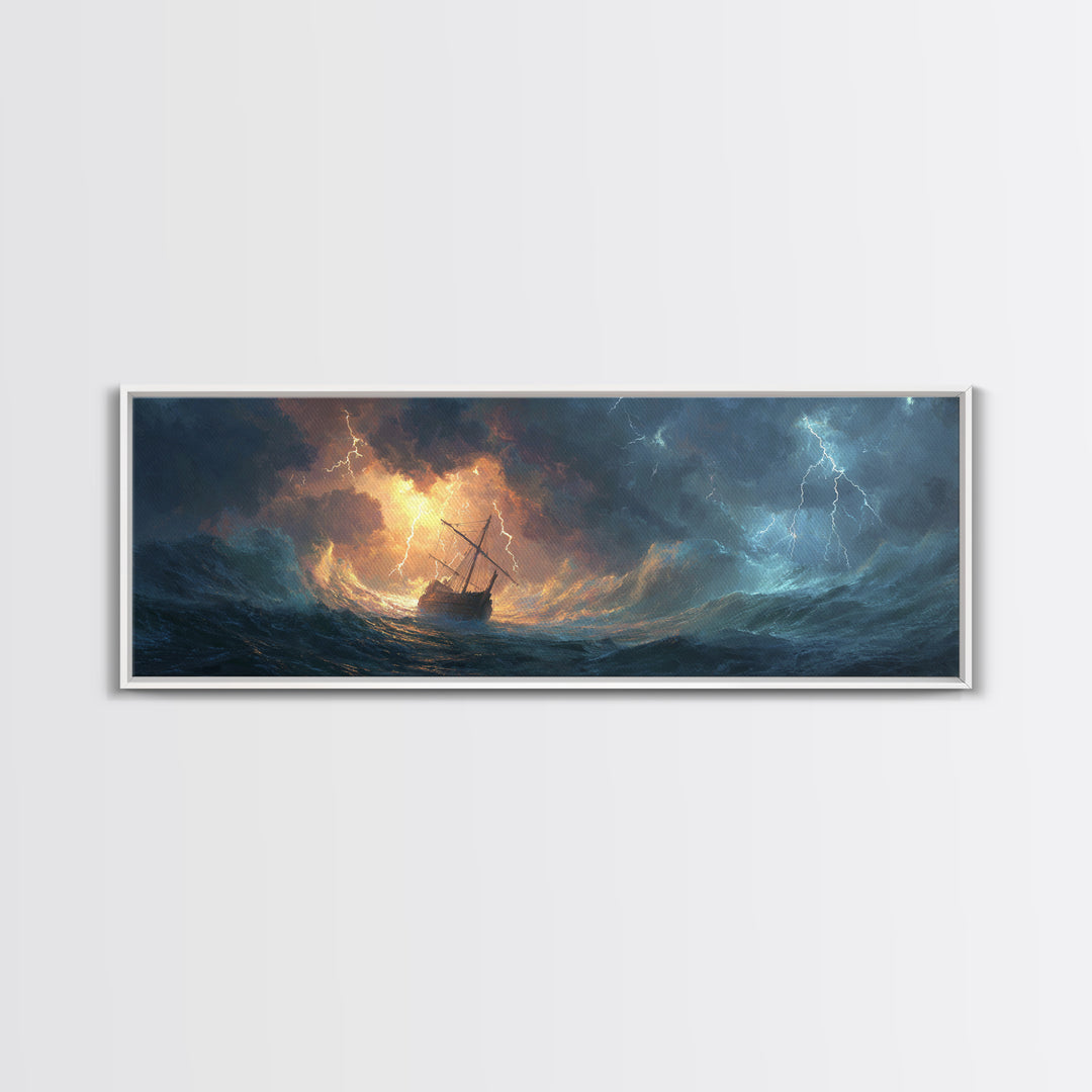 Stormy Ocean Ship In Lightning And Waves Painting Dramatic Seascape Wall Art Framed Canvas Print Perfect For Coastal Living Room Or Nautical Office Decor