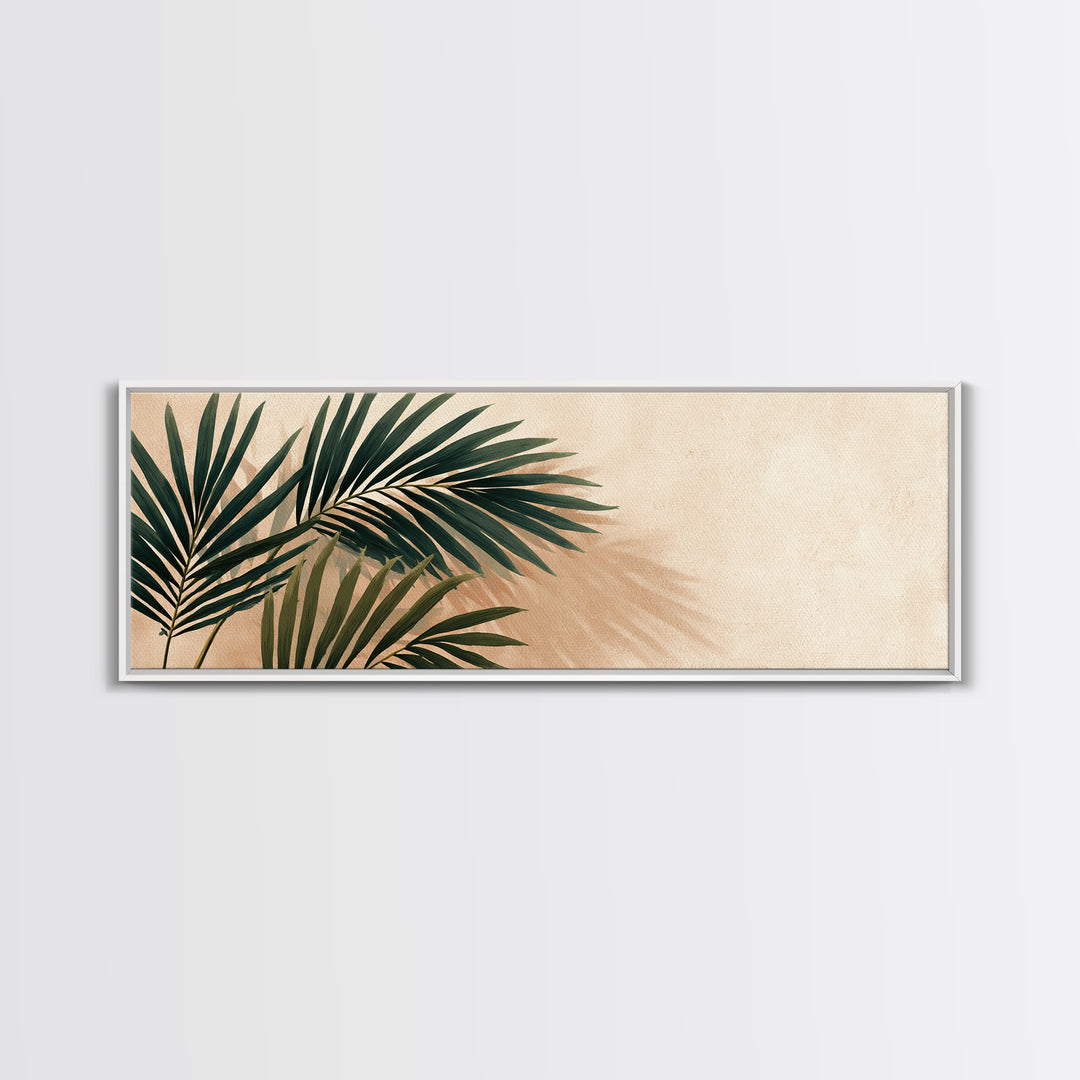 Tropical Palm Leaf Shadows Wall Art, Minimal Botanical Canvas Print, Coastal Boho Home Decor, Neutral Beige Living Room Art