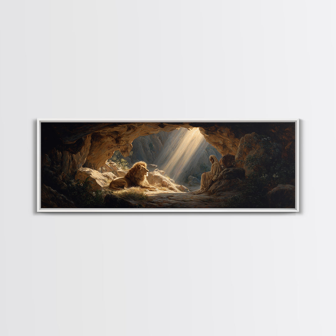Sunlit Cave Scene With Lion And Sage Figure Painting Wall Art Framed Canvas Print For Mystical Home Decor