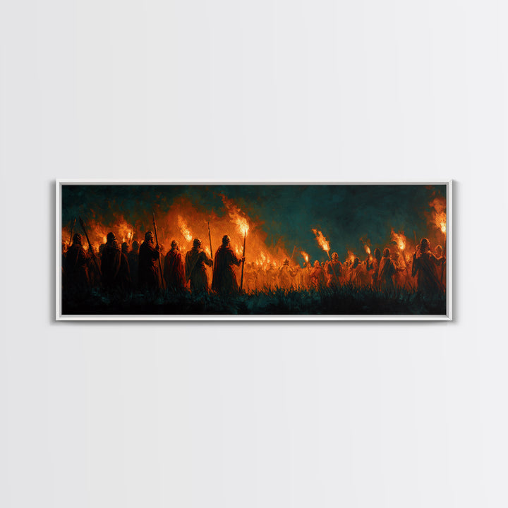 Moody Fiery Torch Lit Night Procession Painting Wall Art Framed Canvas Print For Medieval Dark Romantic And Gothic Decor