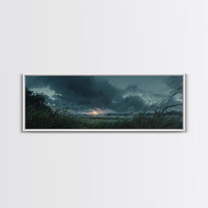 Dramatic Stormy Landscape Digital Painting With Lush Grasses and Dark Clouds Sunset Scene Canvas Print