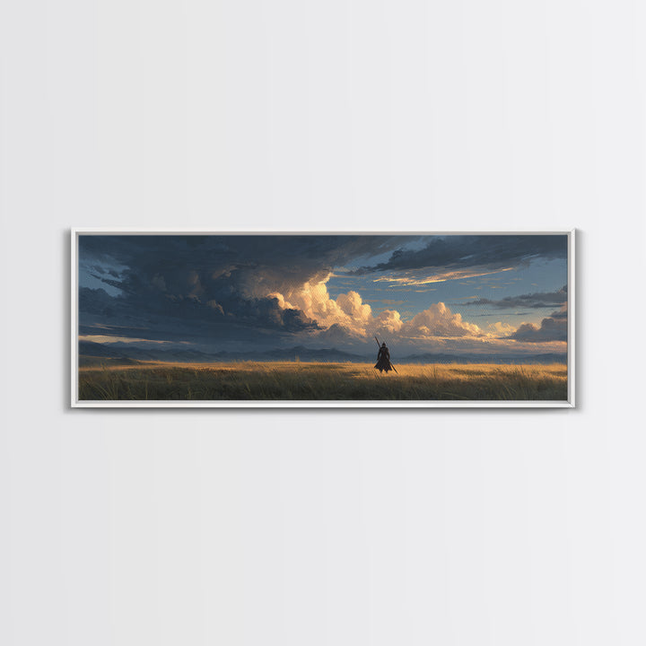 Knight In Field Under Dramatic Cloudscape Sunset Sky Wall Art Canvas Print For Rustic Living Room Decor And Gift For Him