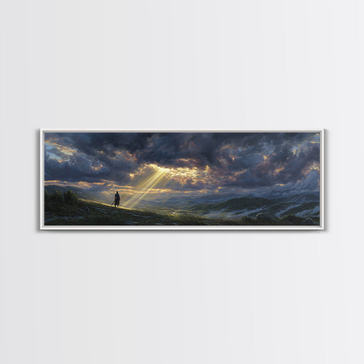 Sunlight Breaking Through Stormy Clouds Over Knight In Vast Landscape Canvas Print Large Wall Art For Moody Home Decor