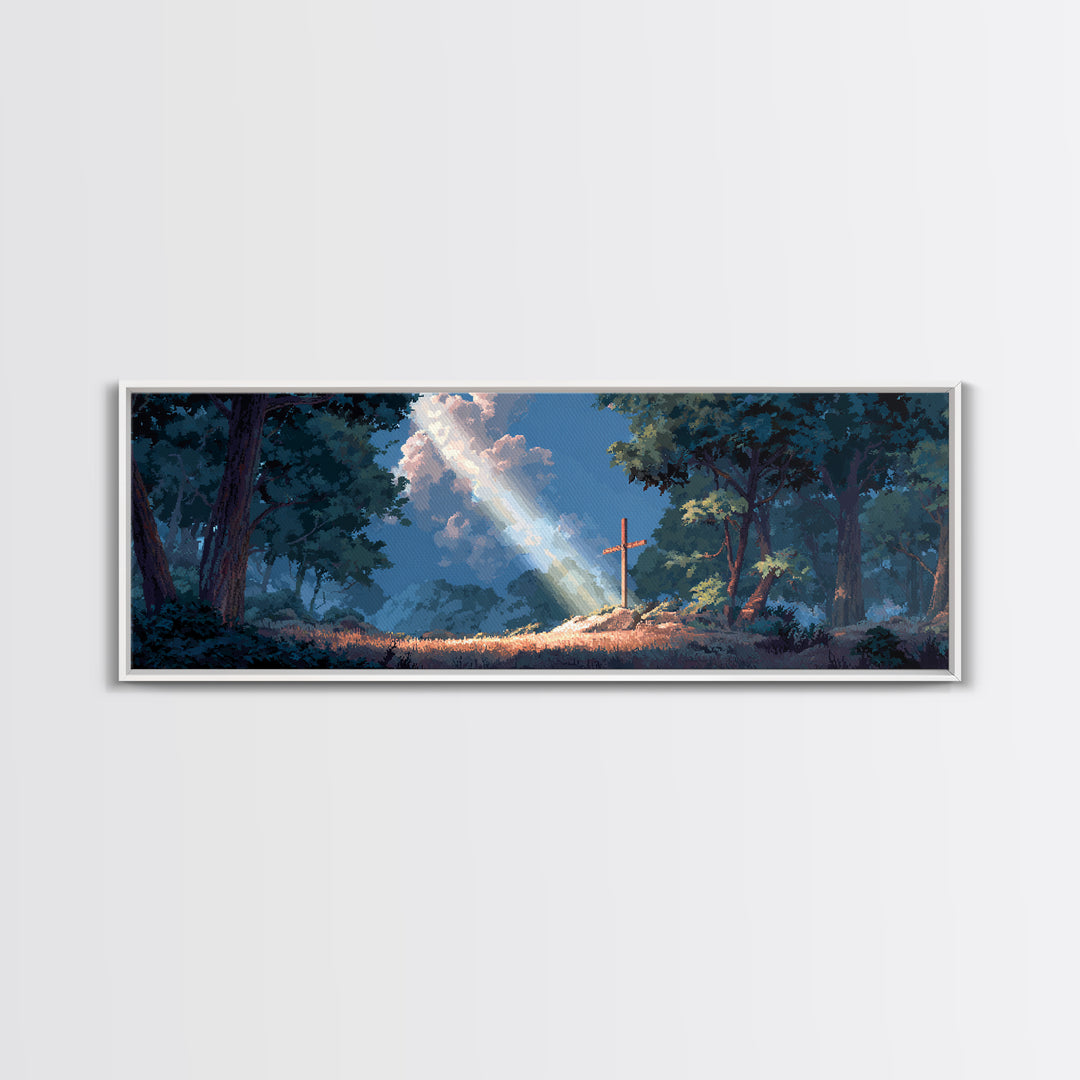Sun Beam Lighting Cross On Hill With Forest Background Moody Religious Wall Art Canvas Print