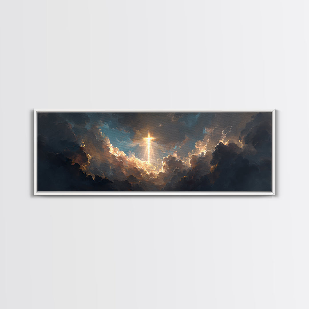 Majestic Gleaming Cross In Clouds Spiritual Religious Wall Art Framed Canvas Print Inspirational Home Decor