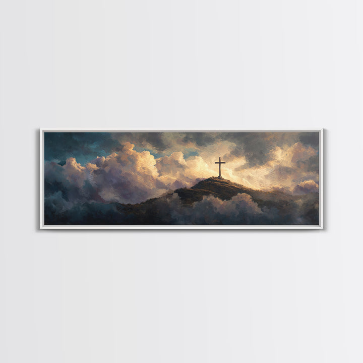 Solitary Cross Atop Mountain Amid Heavenly Clouds Wall Art Large Canvas Print Inspirational Christian Home Decor