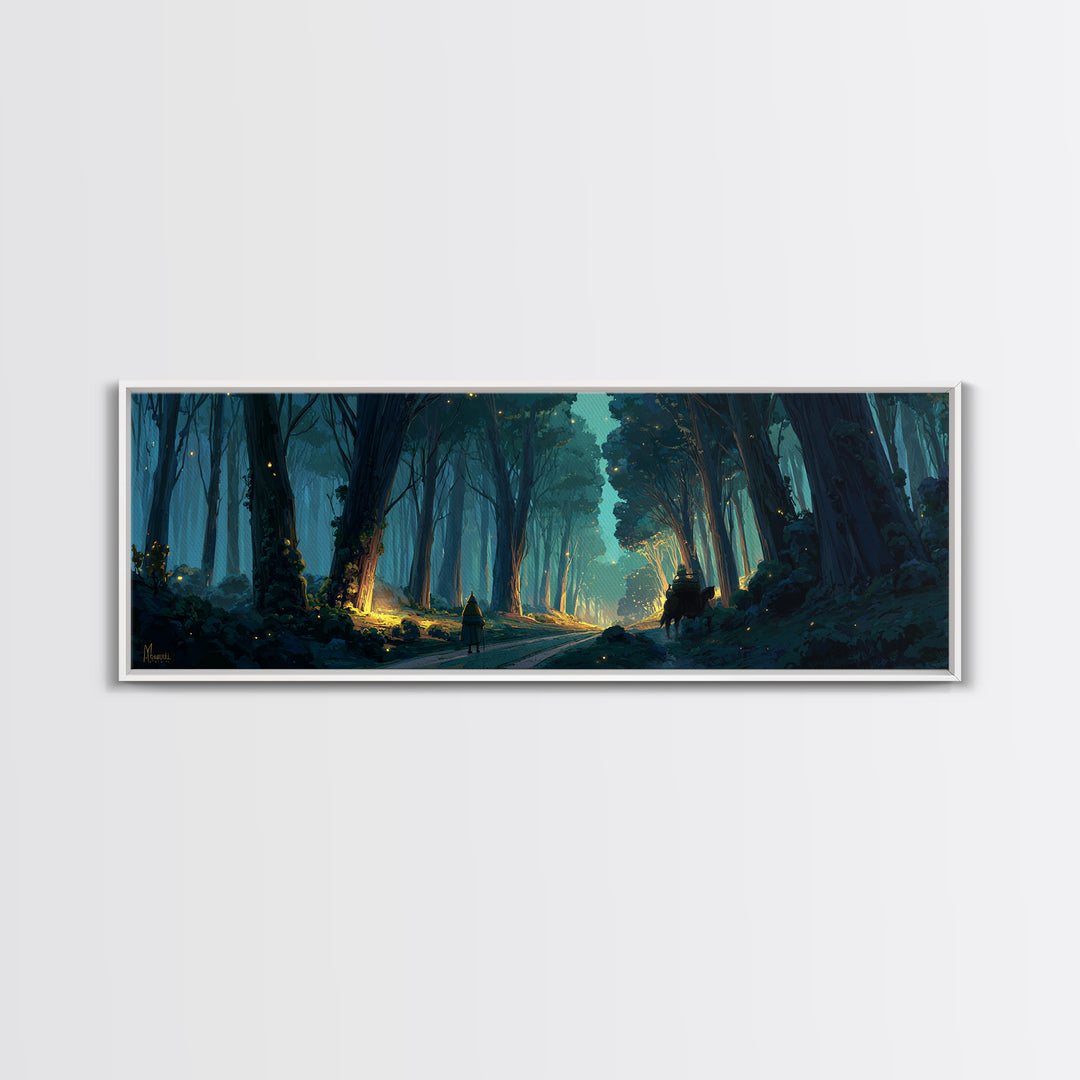 Mystical Enchanted Forest Pathway With Lanterns And Traveler Walking Horse Canvas Print