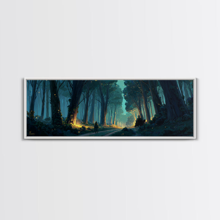 Mystical Enchanted Forest Pathway With Lanterns And Traveler Walking Horse Canvas Print