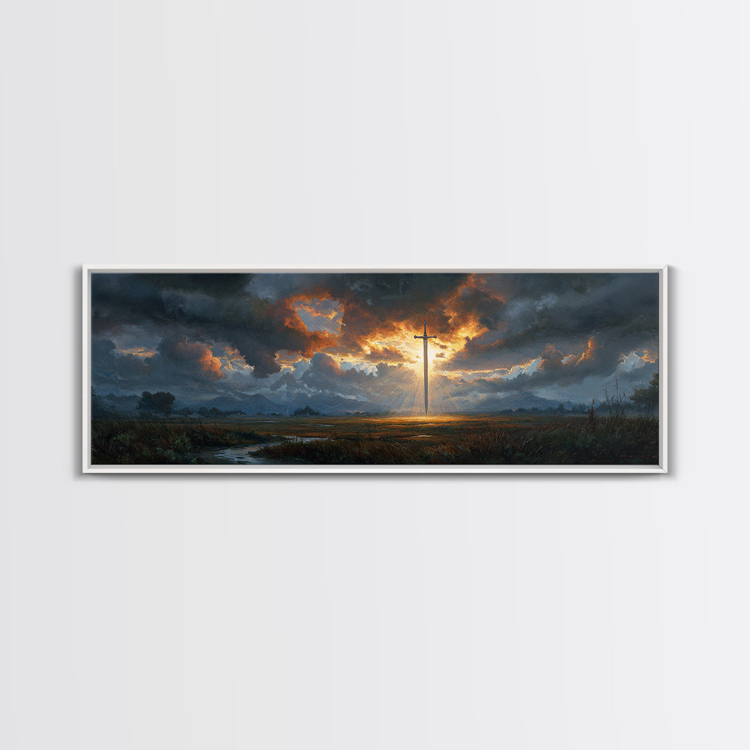 Dramatic Sword Light Rays Landscape Oil Painting Wall Art Framed Canvas Print with Realistic Fantasy Scene for Home and Office