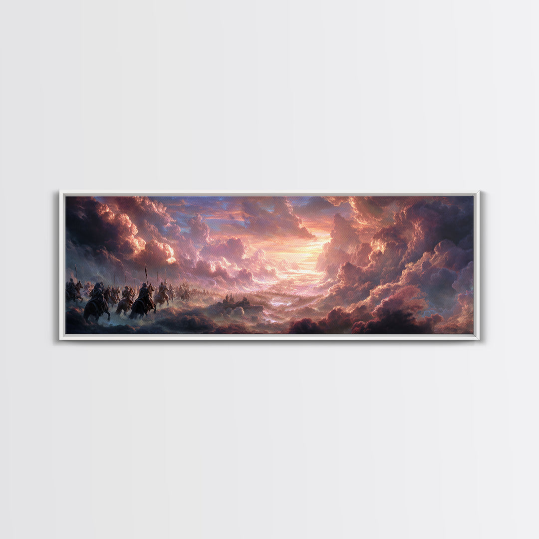 Epic Fantasy Army Charging Through Dramatic Clouds At Sunset Colorful Landscape Wall Art Framed Canvas Print