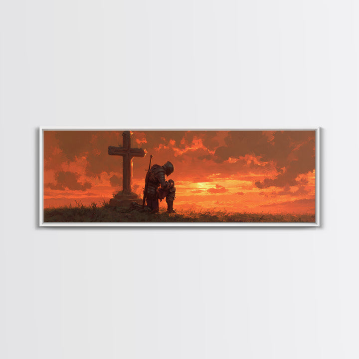 Knight In Armor Kneeling At Cross Dramatic Sunset Religious Framed Canvas Print Wall Art For Home