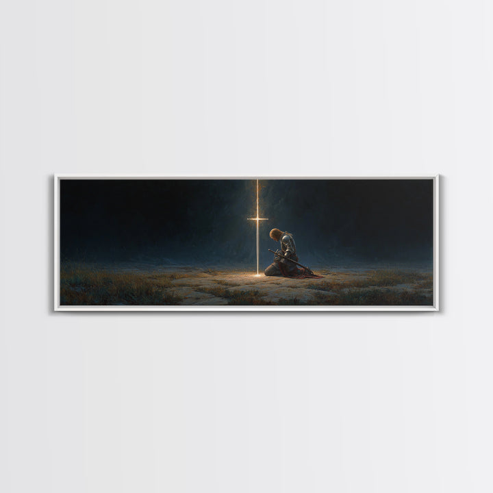 Medieval Knight Kneeling In Prayer Before Glowing Cross Fantasy Wall Art Framed Canvas Print Historic Decor