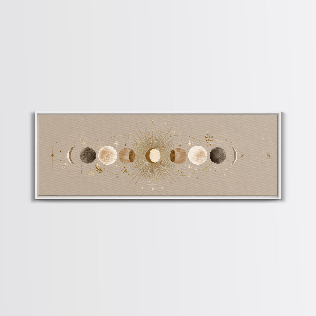 Moon Phases Celestial Wall Art, Gold Sun And Lunar Canvas Print, Neutral Boho Bedroom Decor, Mystical Above Bed Art Print