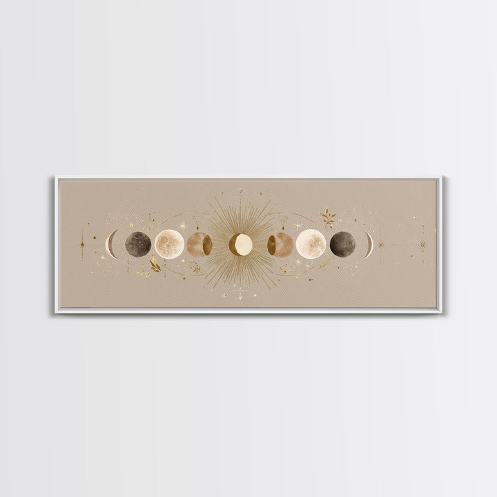 Moon Phases Celestial Wall Art, Gold Sun And Lunar Canvas Print, Neutral Boho Bedroom Decor, Mystical Above Bed Art Print