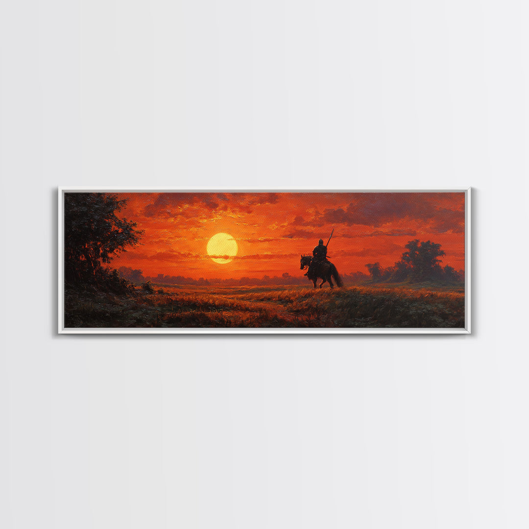 Sunset Scene Painting Of Knight On Horseback In Golden Field Stunning Orange Sky Wall Art