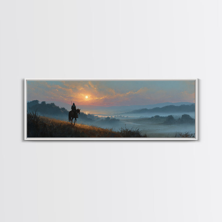 Knight On Horseback Overlooking Serene Valley At Sunset Landscape Wall Art Canvas Print For Calming Decor