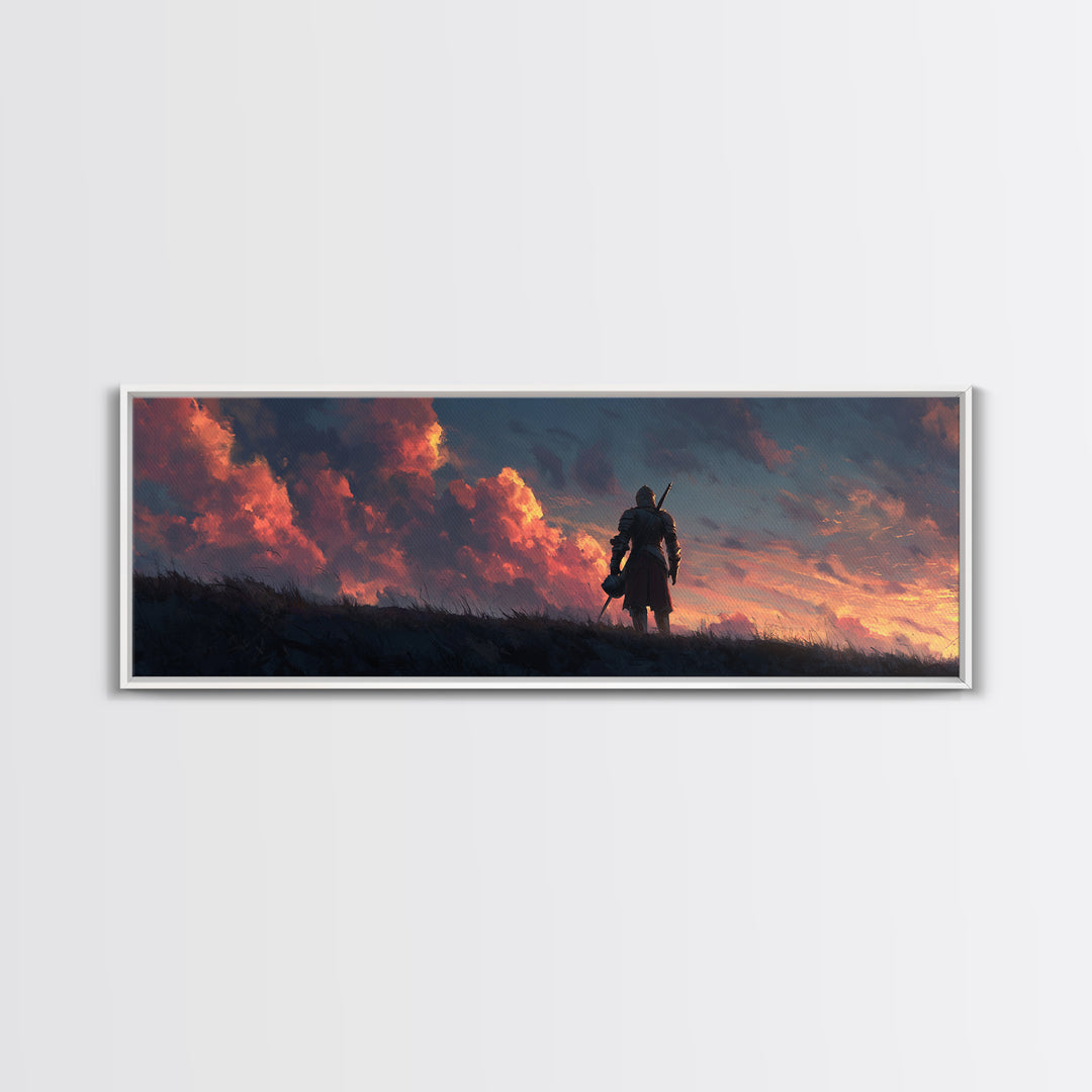 Medieval Knight Standing Against Dramatic Sunset Sky - Inspirational Wall Art Canvas Print For Bedroom And Office Decor