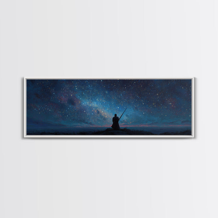 Magical Knight In Armor Under Starry Sky Night Landscape Wall Art Framed Canvas Print For Fantasy Decor
