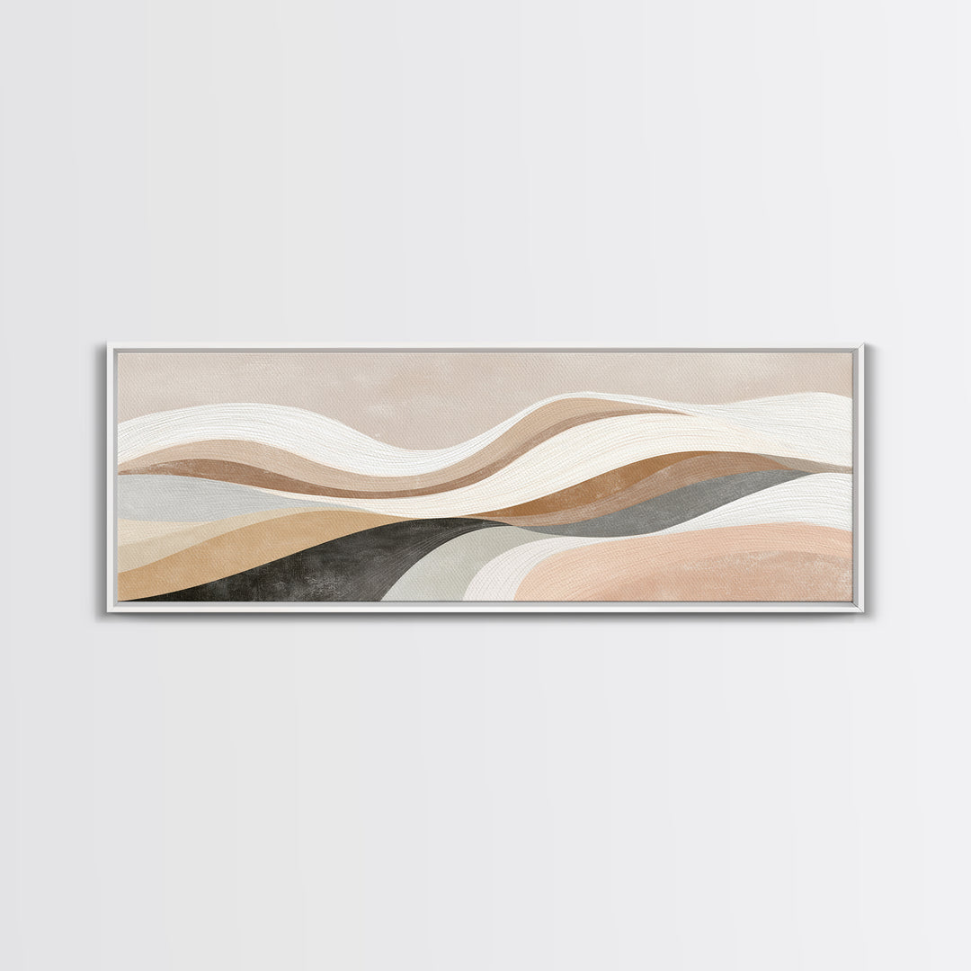 Layered Neutral Abstract Wall Art, Wavy Beige Canvas Print, Mid Century Modern Living Room Decor, Long Horizontal Art Print