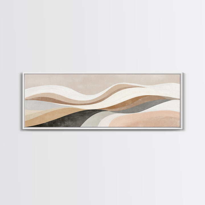 Layered Neutral Abstract Wall Art, Wavy Beige Canvas Print, Mid Century Modern Living Room Decor, Long Horizontal Art Print