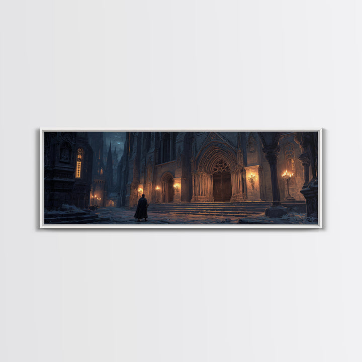 Dark Gothic Cathedral In Snow Framed Canvas Print, Moody Wall Art, Medieval Architecture Decor, Fantasy Cityscape Art Print