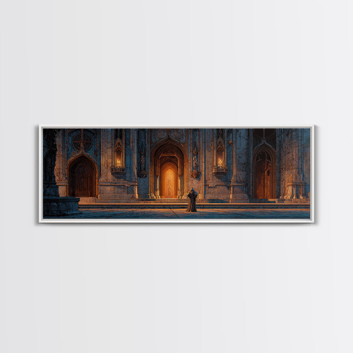 Medieval Knight Standing Before Illuminated Gothic Cathedral Entrance Wall Art Framed Canvas Print