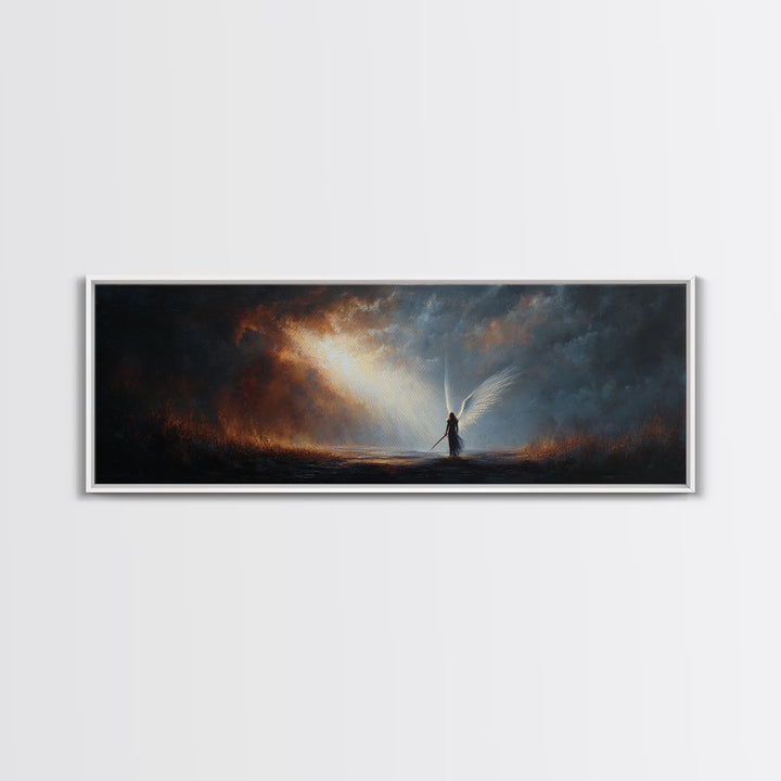Vibrant Sunset Over Battlefield With Knight and Fallen Warriors Canvas Print Dramatic Medieval Wall Art For Home and Office Decor