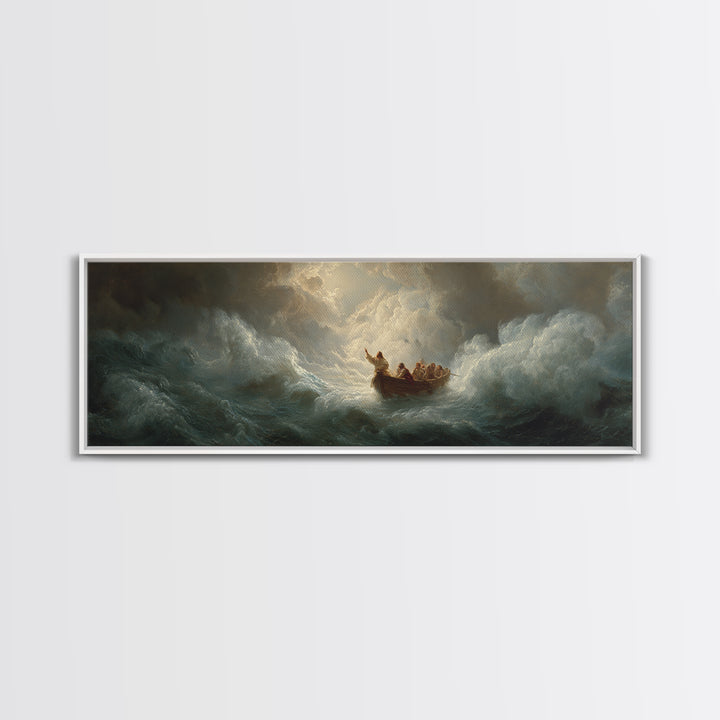 Tiny Boat In Stormy Ocean Waves Wall Art, Dramatic Seascape Painting, Biblical Sea Canvas Print, Moody Coastal Decor Gift