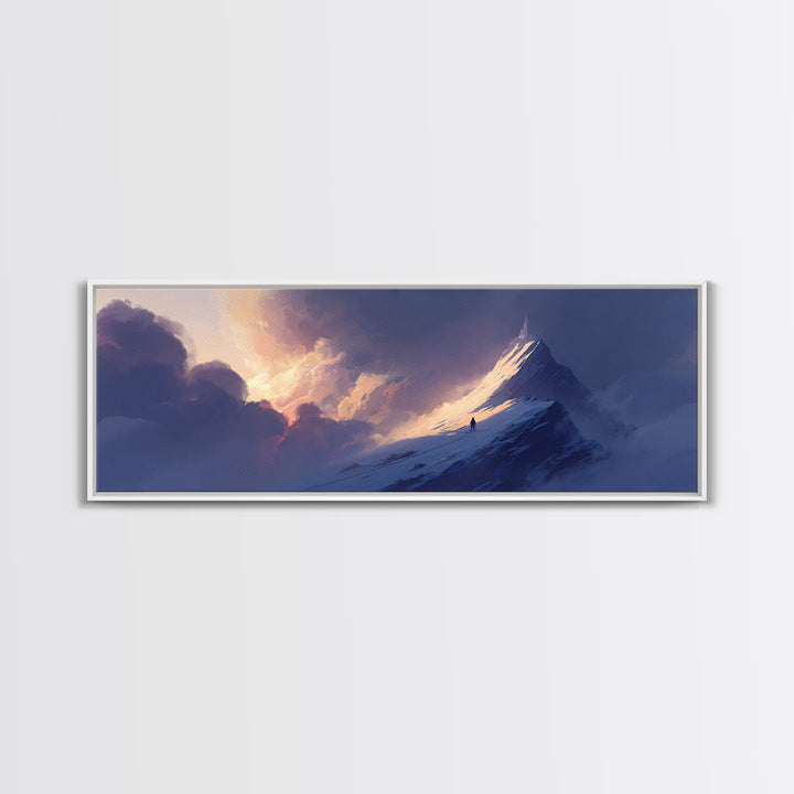 Epic Mountain Summit Climber Under Dramatic Sky Digital Painting Wall Art Framed Canvas Print For Adventure Home Decor